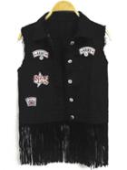 Romwe Lapel Patch Tassel Fringe Black Vest