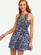 Romwe Lace-up Plunge Neck Floral Print Skater Dress - Blue