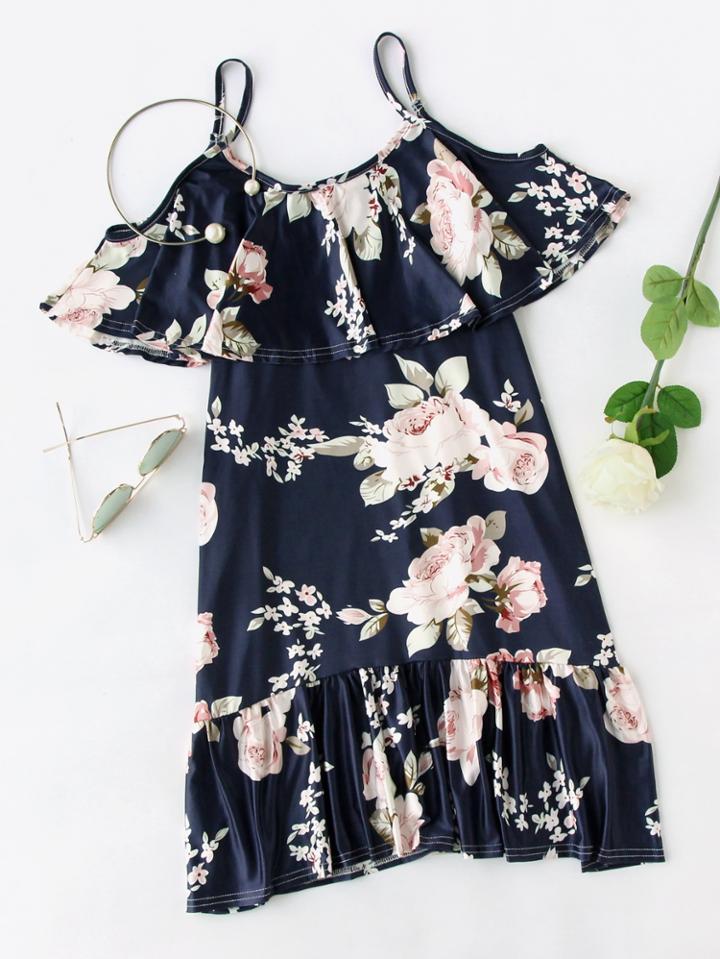 Romwe Open Shoulder Layered Floral Print Frill Hem Dress