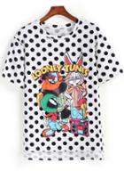 Romwe Dip Hem Polka Dot Rabbit Print White T-shirt