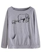 Romwe Grey Elephant Print Raglan Sleeve Pocket Sweatshirt