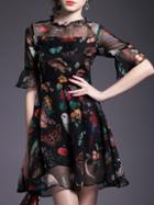Romwe Black Bell Sleeve Animals Print Dress