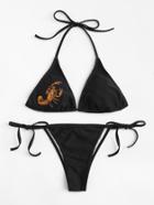 Romwe Embroidered Scorpion Self Tie Bikini Set