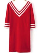 Romwe V Neck Varsity Striped Knit Red Dress