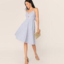 Romwe Twist Front Peekaboo Bow Tie Back Striped Dress