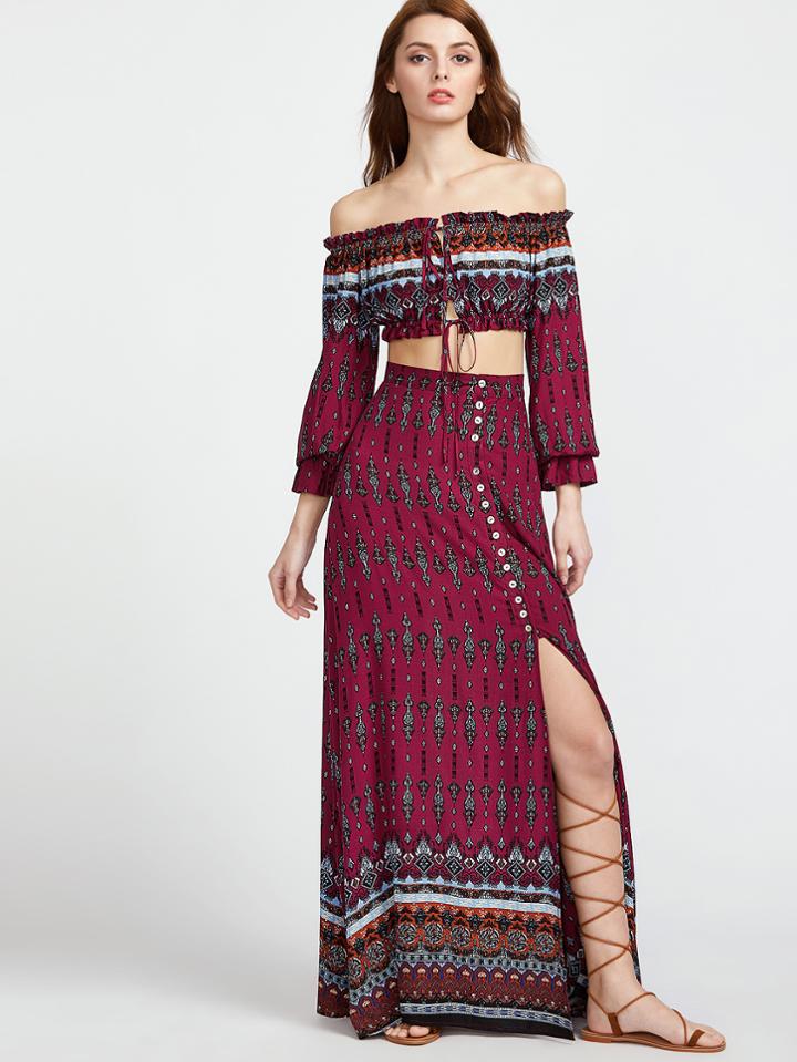 Romwe Vintage Print Drawstring Bardot Top With Split Skirt