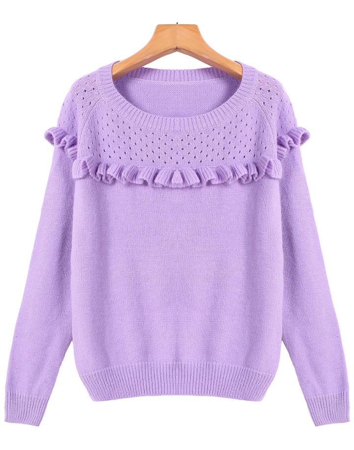 Romwe Hollow Flouncing Knit Purple Sweater