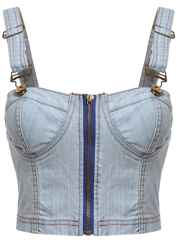 Romwe Strap Zipper Denim Navy Vest