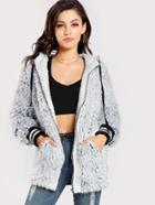 Romwe Striped Trim Faux Fur Hoodie Jacket