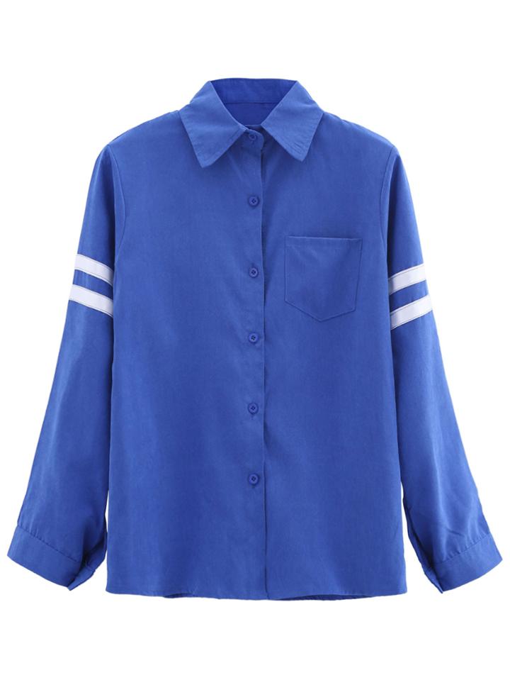 Romwe Royal Blue Striped Trim Long Sleeve Shirt With Pocket