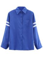 Romwe Royal Blue Striped Trim Long Sleeve Shirt With Pocket