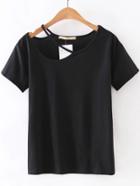 Romwe Black Cutout Plain T-shirt