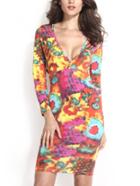 Romwe Deep Plunge Neck Florals Cut Out Tight Dress