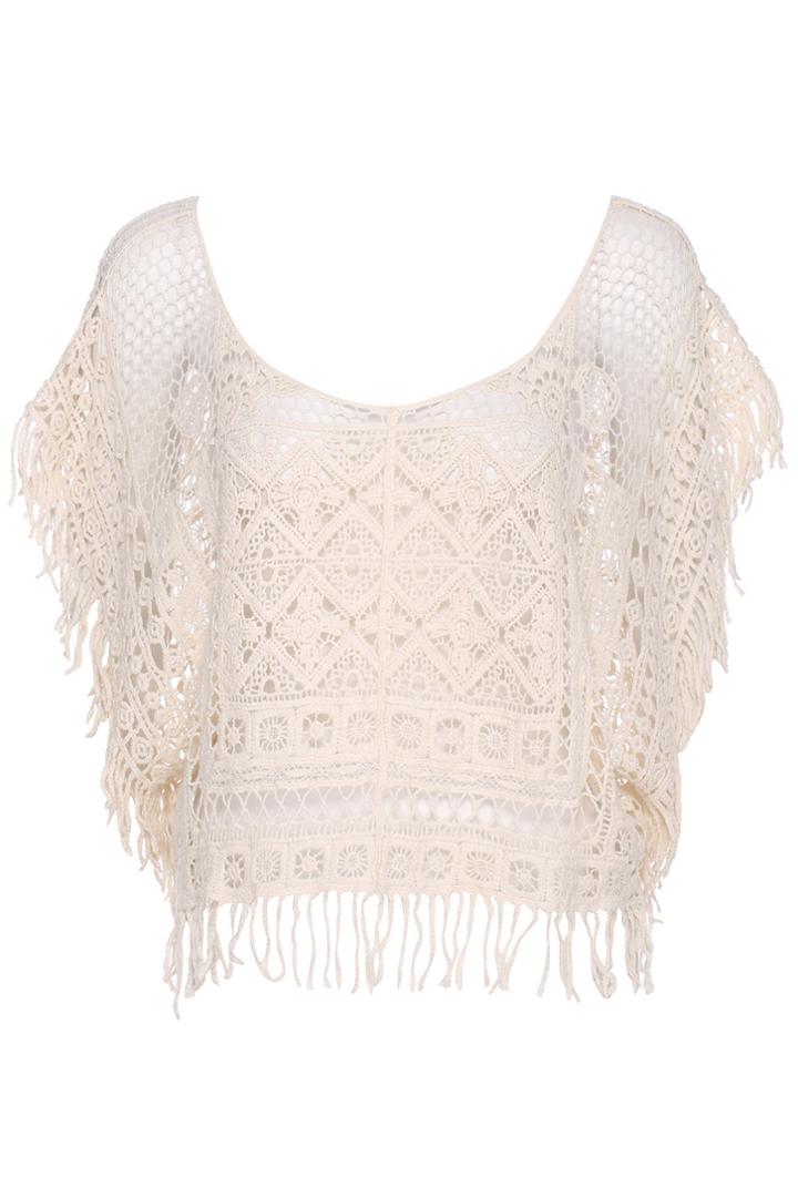 Romwe Romwe Hollow Floral Crochet Batwing Tassels Apricot Blouse