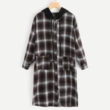 Romwe Plaid Double Pocket Hooded Coat