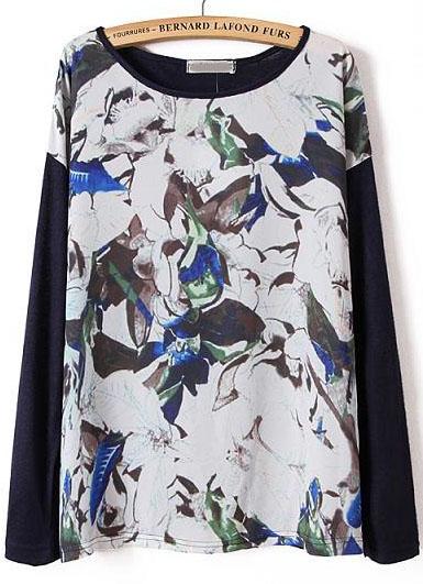 Romwe Floral Print Navy Sweater