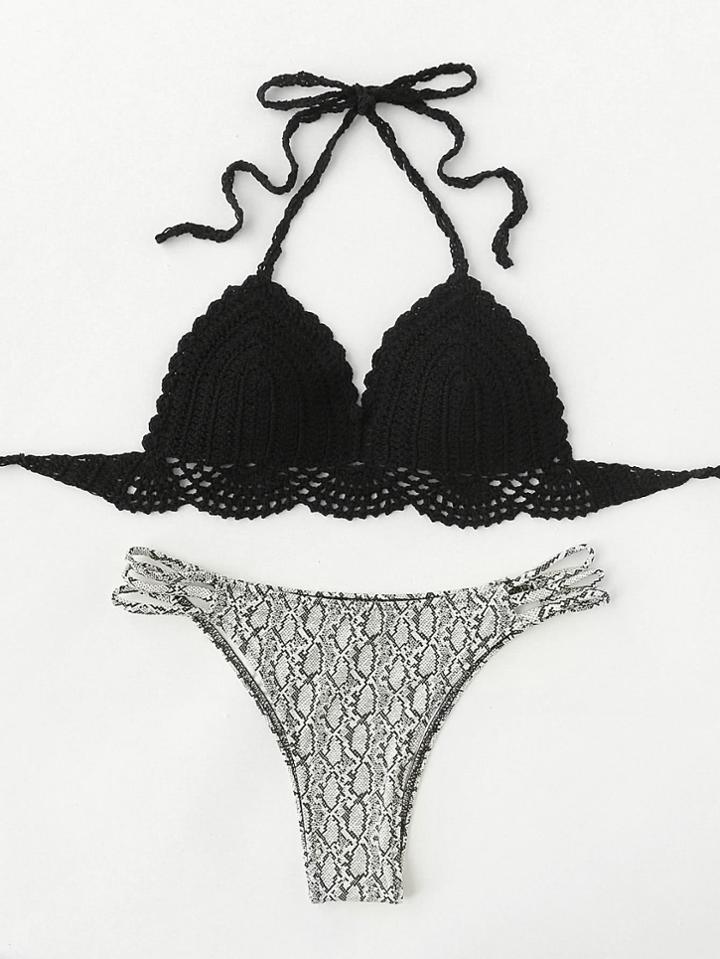 Romwe Snake Print Mix & Match Crochet Bikini Set