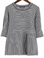 Romwe Black Striped Round Neck Split Front Knitwear