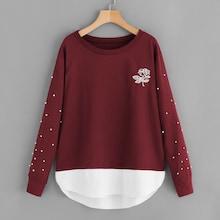 Romwe Plus Pearls And Embroidery 2 In 1 Sweatshirt