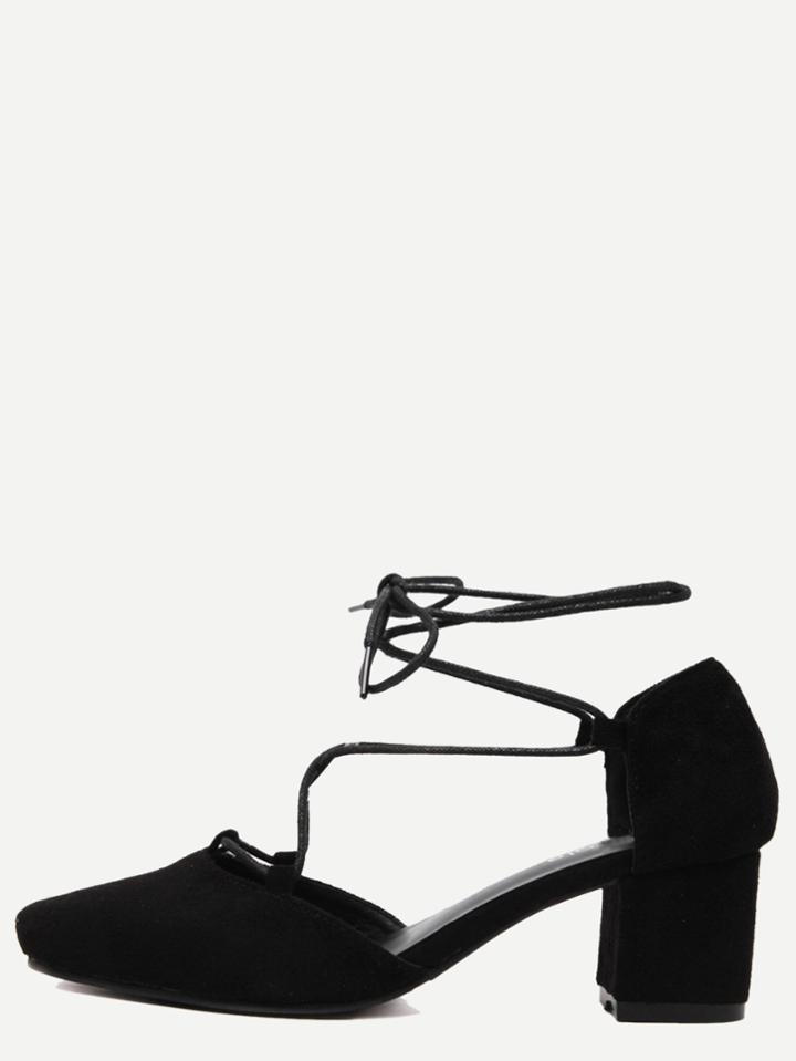Romwe Black Square Toe Lace-up Chunky Pumps