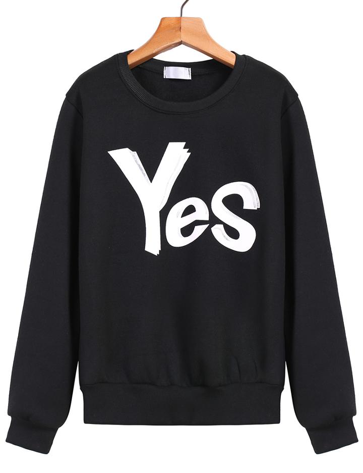 Romwe Yes Print Loose Black Sweatshirt