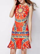 Romwe Red Round Neck Sleeveless Vintage Print Fishtail Dress
