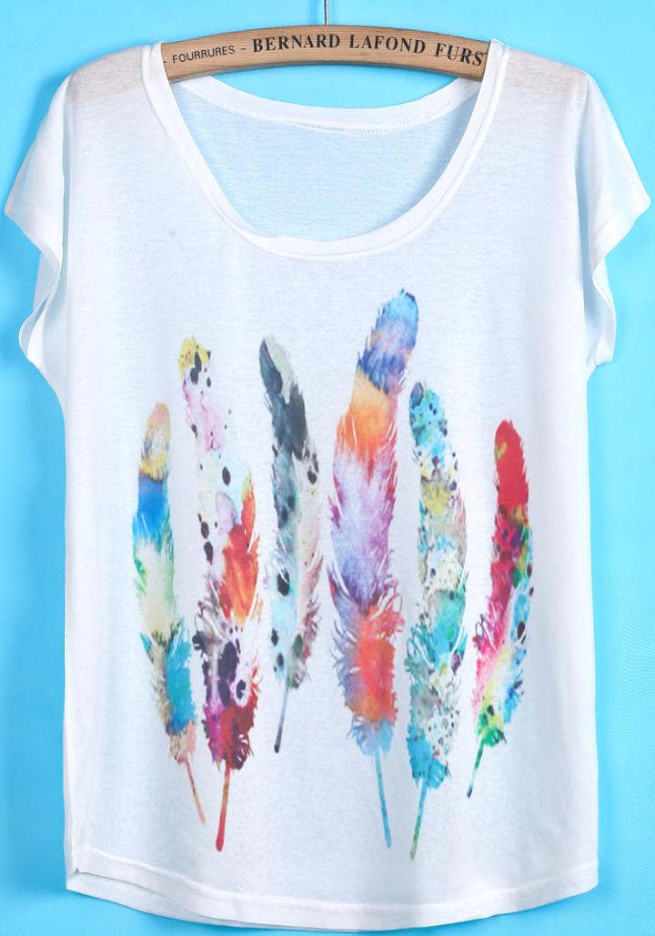 Romwe Feather Print White T-shirt