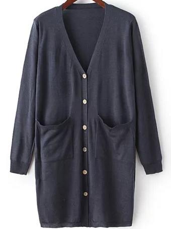 Romwe Pockets Button-down Slit Back Navy Cardigan