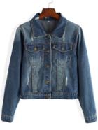 Romwe Lapel Ripped Denim Pockets Buttons Coat