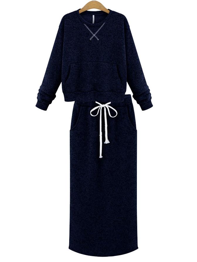 Romwe Round Neck Top With Drawstring Pocket Split Navy Skirt