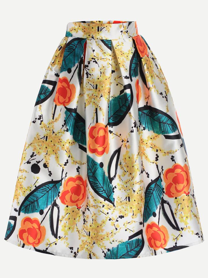 Romwe Yellow Floral Print Flare Skirt