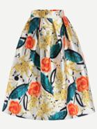 Romwe Yellow Floral Print Flare Skirt
