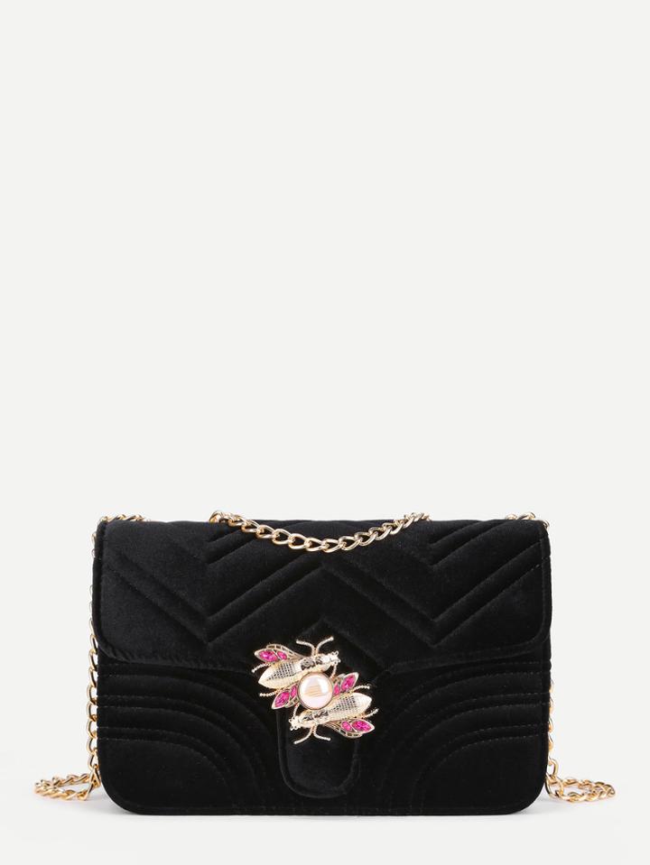 Romwe Insect & Faux Pearl Detail Flap Chain Bag