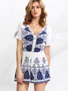 Romwe White Ornate Print Button Front Romper