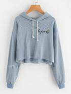 Romwe Drop Shoulder Letter Embroidered Pinstripe Hooded Sweatshirt