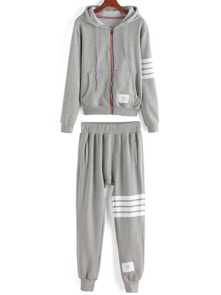 Romwe Hooded Varsity-striped Zipper Top With Pant