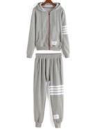 Romwe Hooded Varsity-striped Zipper Top With Pant
