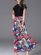 Romwe Black Contrast Lace Top With Print Skirt