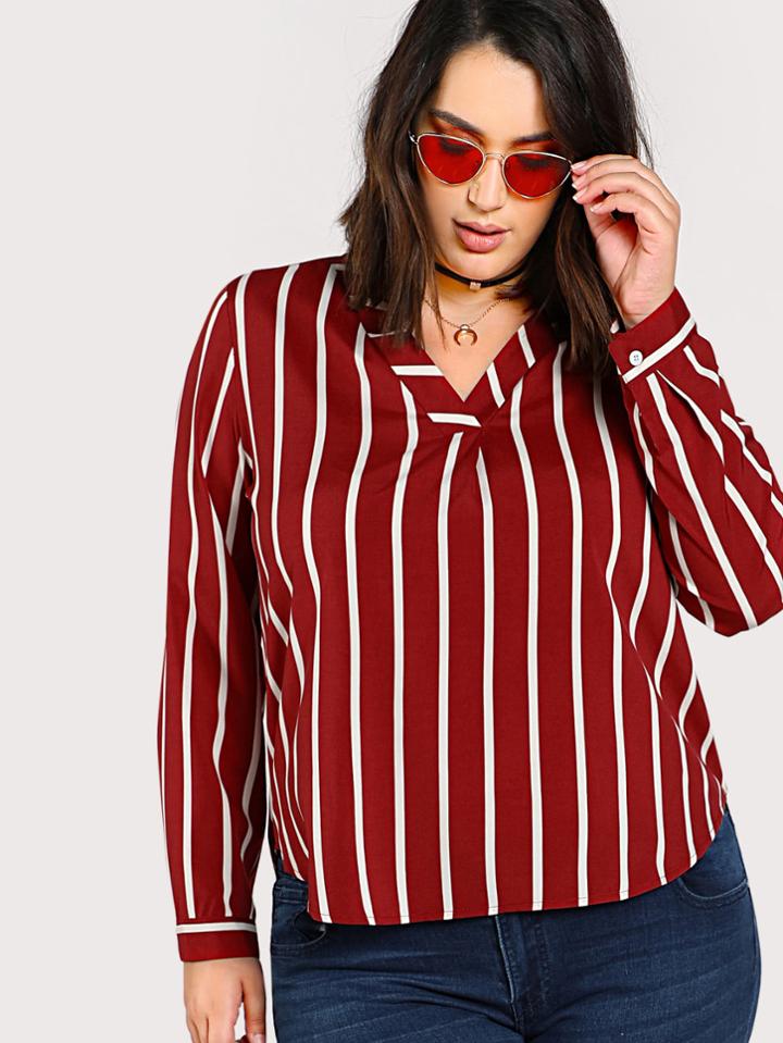 Romwe V Neck Dolphin Hem Striped Shirt
