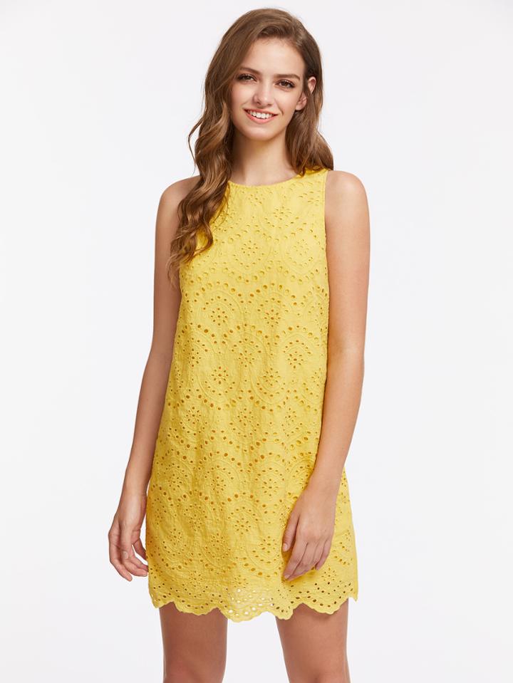 Romwe Keyhole Back Scallop Hem Eyelet Overlay Dress