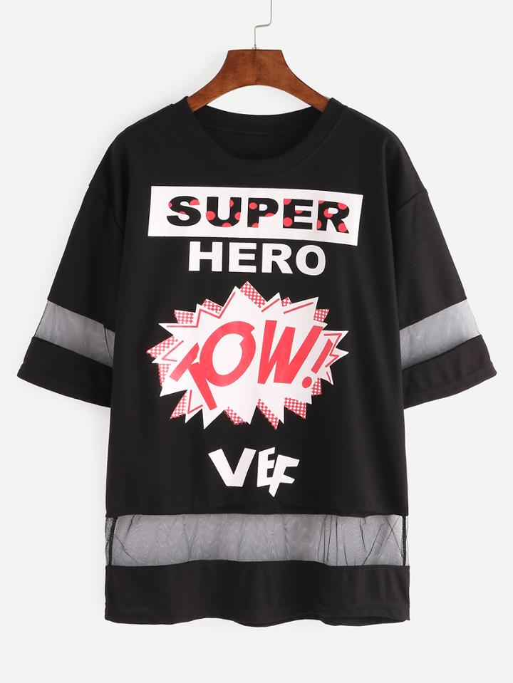 Romwe Mesh Insert Letter Print T-shirt - Black