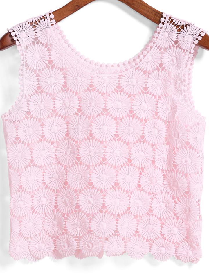 Romwe Hollow Lace Crop Pink Tank Top