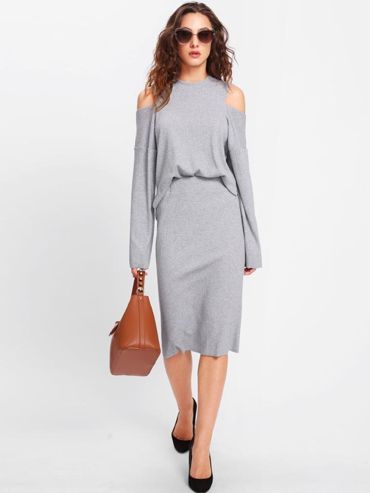 Romwe Open Shoulder Ribbed Tee & Skirt Set