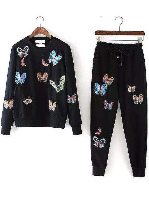 Romwe Butterfly Embroidered Top With Drawstring Black Pant