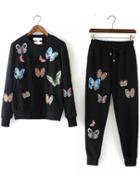 Romwe Butterfly Embroidered Top With Drawstring Black Pant
