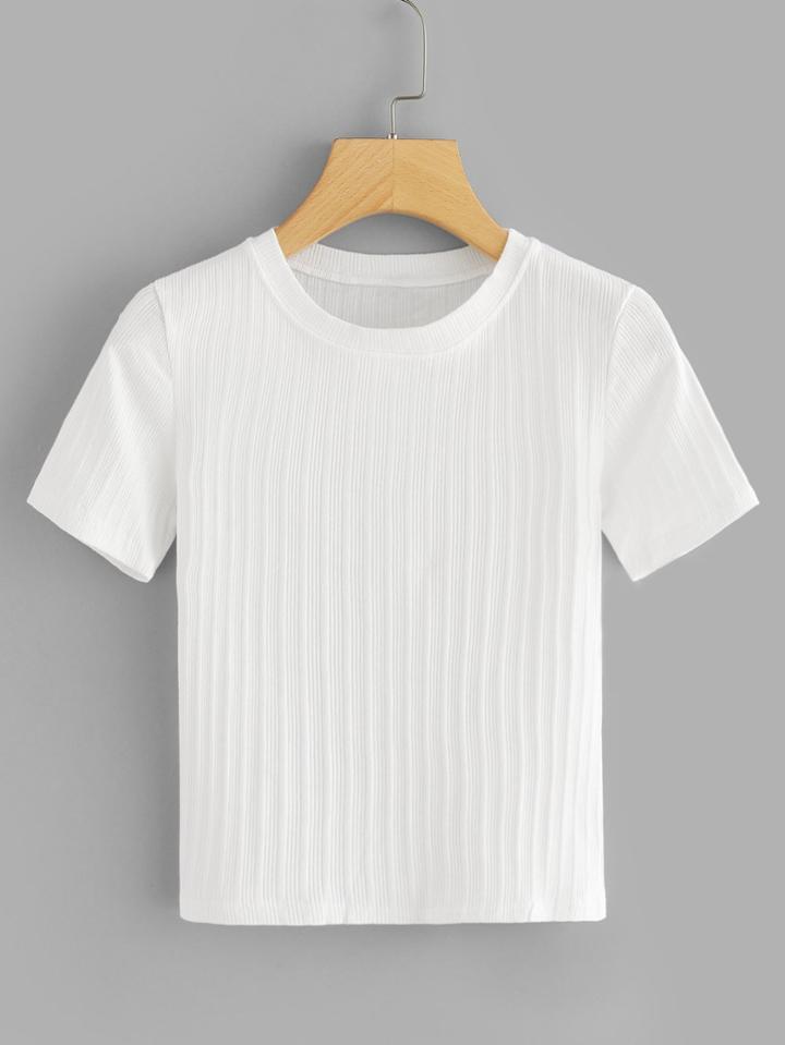 Romwe Solid Ribbed Crop Tee