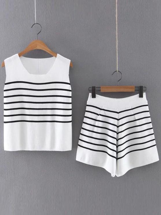 Romwe White Striped Square Neck Knitted Tank Top With Skirt
