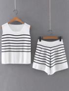 Romwe White Striped Square Neck Knitted Tank Top With Skirt
