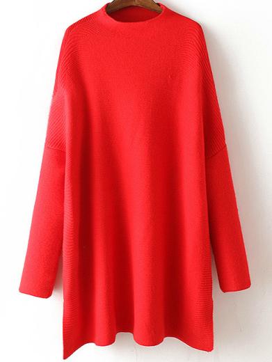 Romwe Mock Neck Split Side Red Sweater