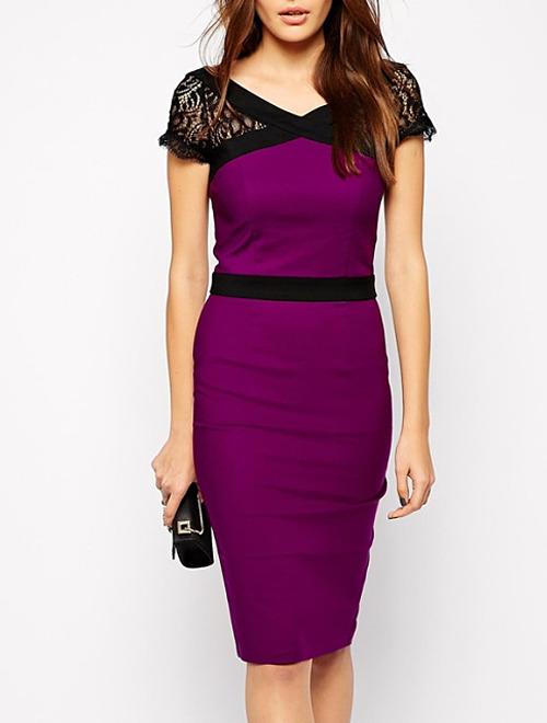 Romwe Purple Eggplant V Neck Short Lace Sleeve Bodycon Dress